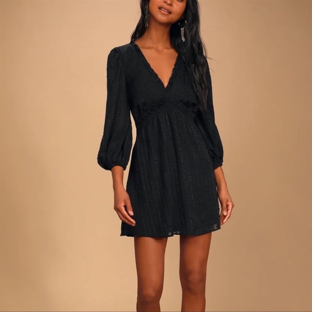 LULUS Forever In My Heart Black Striped Balloon Sleeve Dress. Size: M